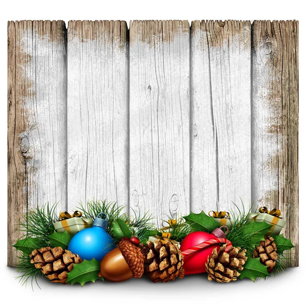 圣诞节节日质朴的标志作为一个空白的油漆木制标语牌与冬季季节性装饰装饰与3D 插图元素 — 图库照片