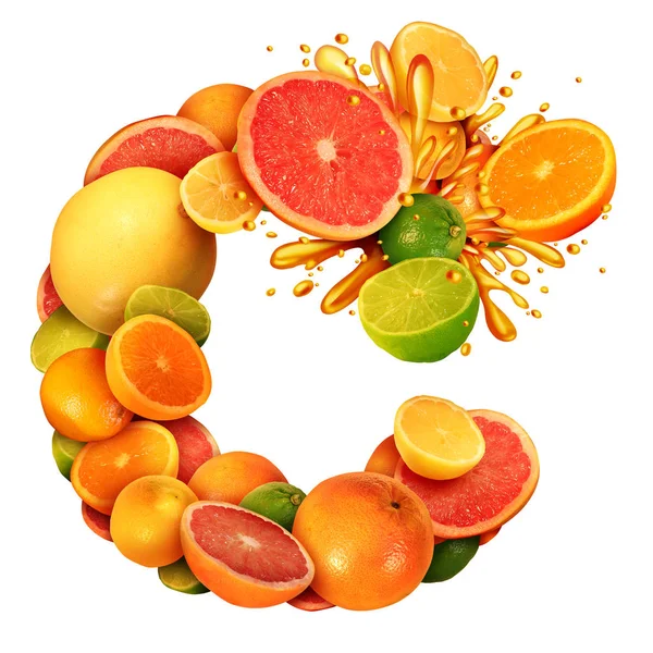 维生素 作为柑橘文本概念作为一组水果与橙子柠檬石灰橘子和葡萄柚作为健康饮食和免疫系统增强的象征在3D 例证样式隔离 — 图库照片