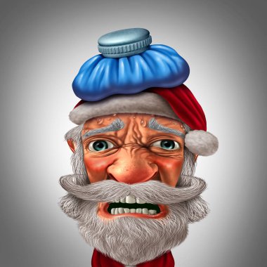 Christmas headache with a santa claus feeling sad during winter holiday season as a funny seasonal character with 3D illustration elements. clipart