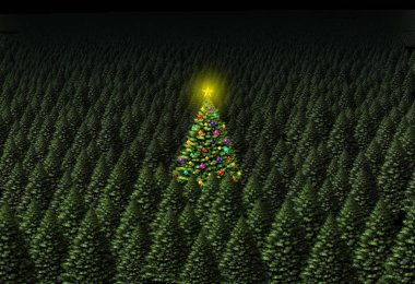 Concept of Christmas tree as a decorated pine in a green forest on a background with text area as a 3D illustration. clipart