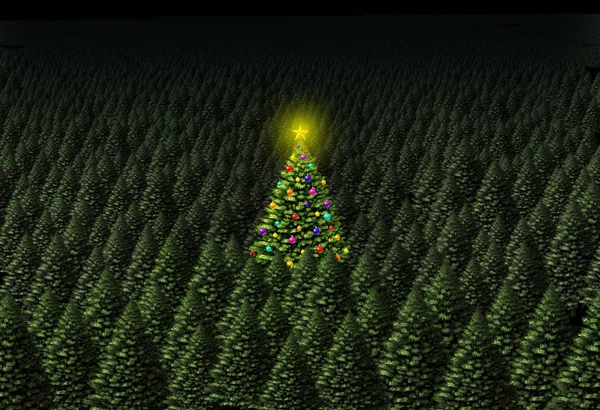 イラストレーションとしてテキスト領域の背景に緑の森で飾られた松のようなクリスマス ツリーの概念 — ストック写真