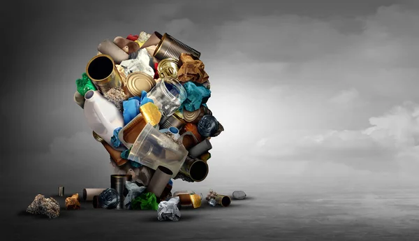 コンセプトのリサイクルとゴミ廃棄物としてリサイクル アイデア形ガラス プラスチック及び板紙の頭部として イラストのスタイルで水平背景にゴミ — ストック写真
