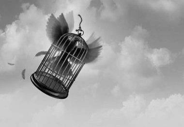 Unleash the power of freedom idea with a determined powerful bird flying and lifting a birdcage while inside as an amazing surreal concept and metaphor for faith and belief with 3D rendering elements. clipart