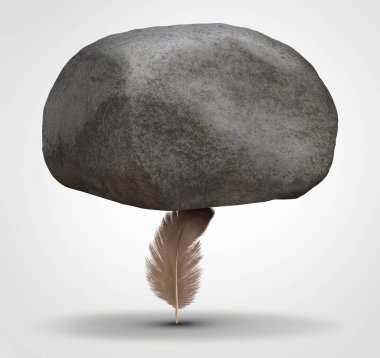 Concept of potency and stability as a potent health symbol or business metaphor for tenacity and stability as a feather hiolding a huge rock in a 3D illustration style. clipart