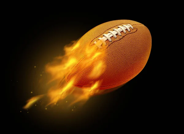 Flying burning American football with burning flames on a black background with 3D illustration elements.