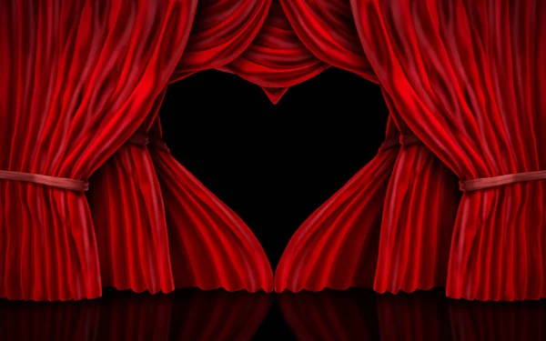 情人节红色天鹅绒窗帘作为一个浪漫的舞台与窗帘形状作为心脏作为一个3D 的插图 — 图库照片
