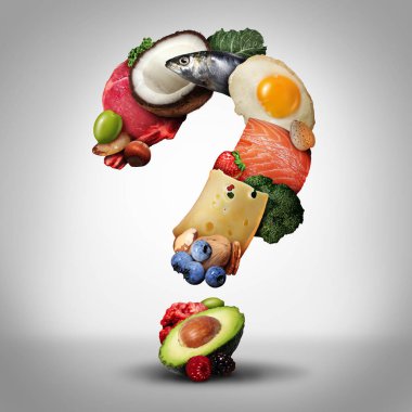 Keto diet questions and ketogenic low carb and high fat food  eating lifestyle as fish nuts eggs meat avocado and other nutritious ingredients as a therapeutic meal shaped as a question mark as a 3D illustration elements. clipart
