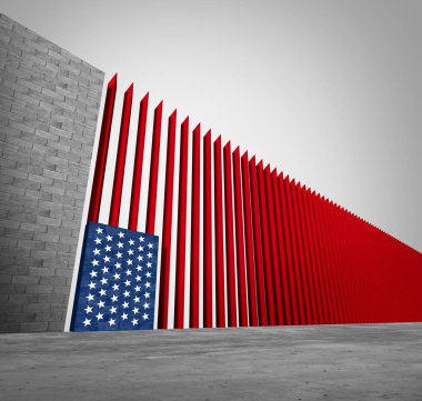 United States border wall and American immigration and USA refugee crisis concept as barrier or steel slat fence shaped as a US flag as a social issue about refugees or illegal immigrants as a 3D illustration clipart