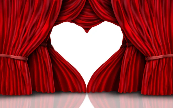 情人节红色天鹅绒窗帘白色作为一个浪漫的舞台与窗帘形状作为心脏作为3D — 图库照片
