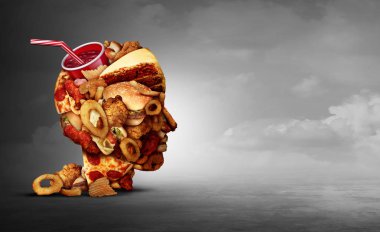 Junk food concept and eating unhealthy snacks psychology and fast food diet psychology as greasy fried restaurant take out as a symbol of overeating and temptation as unhealthy nutrition with 3D illustration elements. clipart