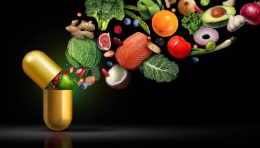 Vitamins supplements nutrition as a capsule with fruit vegetables nuts and beans inside a nutrient pill as a natural medicine health treatment with 3D illustration elements. clipart