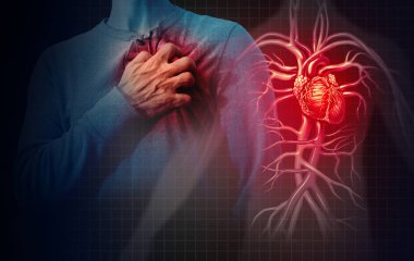 Heart attack concept and human cardiovascular pain as an anatomy medical disease concept with a person suffering from a cardiac illness as a painful coronary event with 3D illustration style elements. clipart
