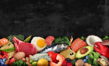 Keto food background as a nutrition lifestyle and ketogenic diet low carb and high fat eating as fish nuts eggs meat avocado and other healthy ingredients as a therapeutic meal with text area in a 3D illustration style. clipart