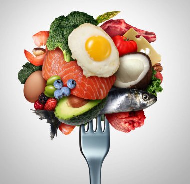 Eating ketogenic food and Keto nutrition lifestyle diet low carb and high fat meal as fish nuts eggs meat avocado and other healthy ingredients as a therapeutic snacks on a fork with 3D illustration elements. clipart