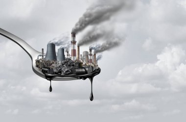 Pollution in food and toxic chemical eat,surreal,surrealistic,idea,contaminants that people ingest as a health and safety concept as a spoon  with polluting industry dripping with petroleum as a 3D illustration. clipart