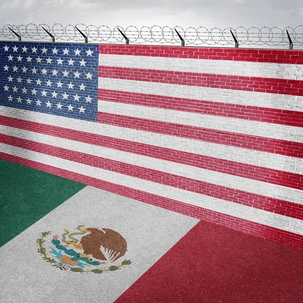 Mexico USA border wall and American homeland security along the Mexican boundary as a barrier to keep illegal immigrants out of the country with a huge brick barrier as a 3D illustration.
