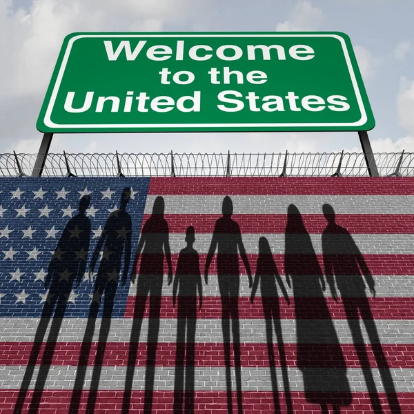 United States wall and immigration border security for immigrants or illegal immigrants to America as an American customs security concept as etnic diverse people wanting to enter with 3D illustration elements.