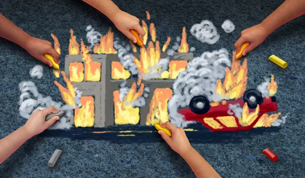 Violent protests concept as community children drawing  a city on fire after a city riot due to justice or injustice outrage protesting in a 3D illustration style.