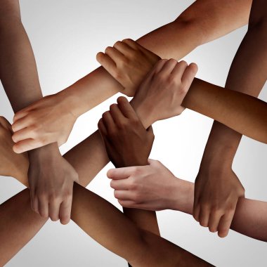 Racism and human civil rights as diverse people of different ethnicity holding hands together as a social solidarity concept of a multiracial group working as united partners. clipart