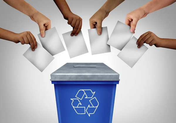 ごみ投票と投票詐欺の概念は 3次元イラスト要素を持つゴミで投票を投げ 不正選挙としてごみ箱として形成された投票所で投票用紙を投げます — ストック写真