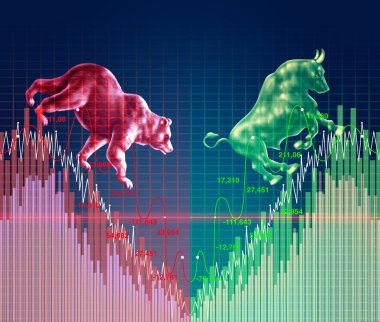 V shape economy and economic recovery chart and reopening the markets as a business rebound concept for financial trading recovering with bulls and bears in a 3D illustration style. clipart