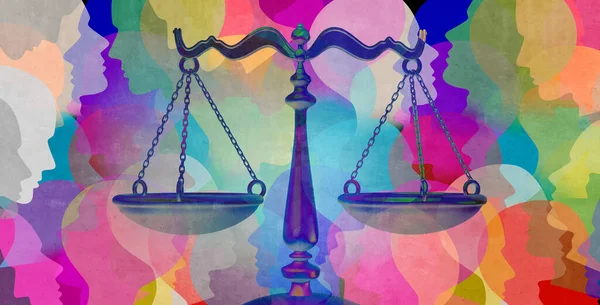 社会公正作为一群不同的人 具有代表社区立法和平等权利的法律标志 或带有三维插图的法律律师图标 — 图库照片