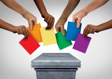 LGBT community vote and gay rights pride voting or sexuality diversity concept and diverse hands casting ballots at a polling station as a democratic right in a democracy with 3D illustration elements. clipart