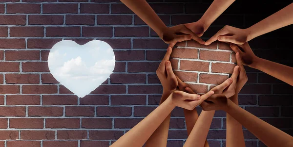 Community Solution and social work success giving hope to diverse communities and people joining together to open opportunity as a reopening symbol of love in a 3D illustration style.