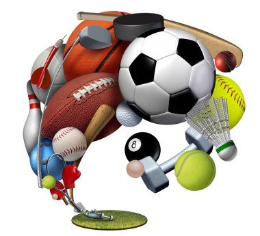 Recreation sports and leisure equipment on grass with a football basketball baseball golf soccer tennis ball volleyball and badminton isolated on a white background with 3D illustration elements.. clipart
