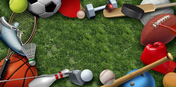 Freizeit Sportgeräte Auf Rasen Mit Einem Fußball Basketball Baseball Golf — Stockfoto