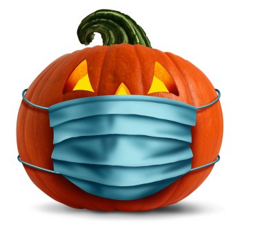 Halloween face mask as a jack o lantern pumpkin wearing a medical face mask as an autumn symbol for disease control and virus infection and coronavirus or covid-19 safety in a 3D illustration style. clipart