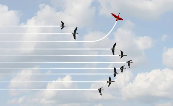 Different path business concept as an independent free thinker idea breaking out of an organized formation with one individual bird setting a new course in a 3D illustration style.