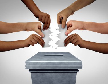 Election crisis and vote problems or voter suppression concept as an election problem for voters at polling places as a symbol of electoral fraud or campaign behavior with 3D illustration elements. clipart