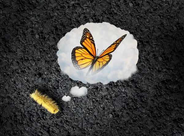 作为毛毛虫梦想成为蝴蝶作为一种成就的雄心壮志和理想 并希望成为具有3D插图元素的未来成功象征 — 图库照片
