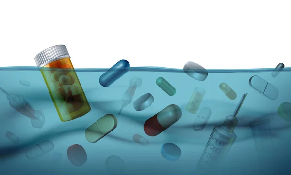3Dレンダリングとして地下水中の医薬品廃棄物として水の中の薬物汚染や薬 — ストック写真
