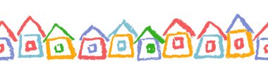 Pastel boya Dikişsiz kenarlık veya çerçeve el ev çizimi ile. Çocuğun stil komik renkli küçük gibi köy kulübe doodle. Pastel tebeşir veya şirin çocuk gibi kalem vektör izole çocuksu arka plan