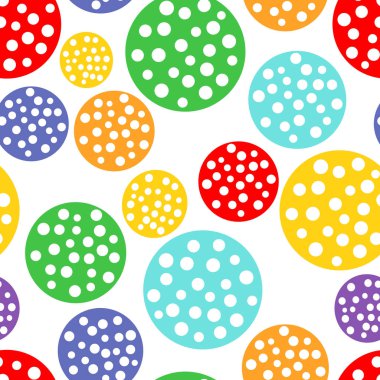 Parlak renkli yuvarlak ve daire ile şirin nokta amanita seamless modeli. Komik çocuksu vektör arka plan üzerinde beyaz.