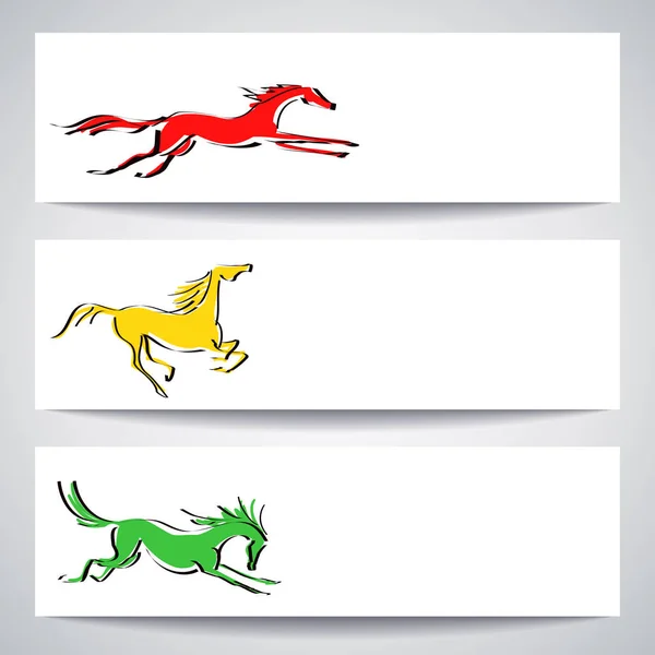 Galloping Colorful Horses Card Banner Set Hand Drawing Background Line — Stock Vector