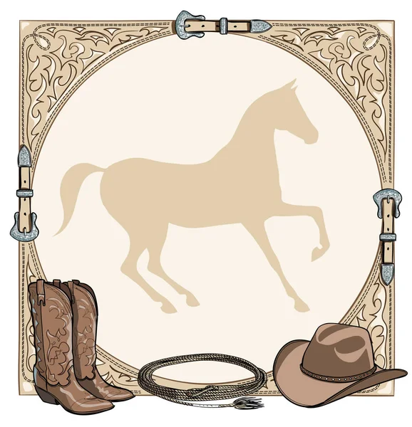 牛仔马马匹骑马钉工具在西方皮带框架 西部靴 套索绳索和马剪影 手绘矢量卡通背景 — 图库矢量图片