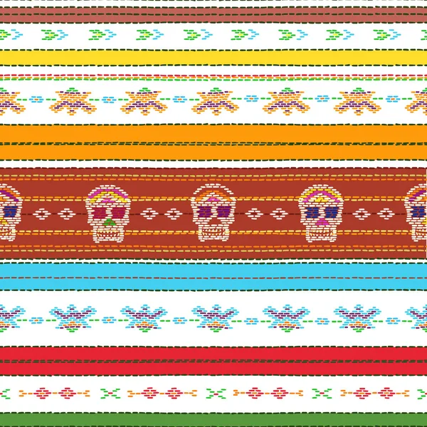 无缝的墨西哥族织物图案与彩色条纹和卡特里娜的头骨白色 重复直条纹纹理背景 死亡假日的天 — 图库矢量图片