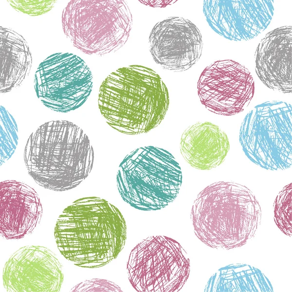 ソフト パステル カラーのカラフルな幾何学的な円は シームレスなパターンを形成します 手描きのラウンドの芸術的なグランジのストロークの図 ベクトル クレヨン チョークや鉛筆球テクスチャ抽象的な背景 — ストックベクタ