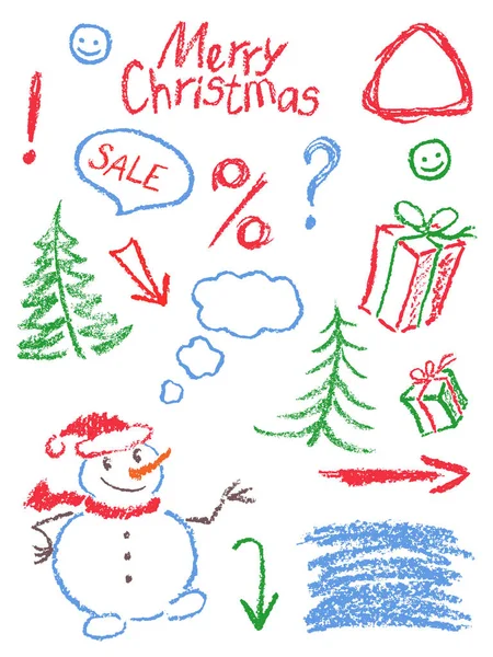 Crayon Noël Symboles Vacances Comme Dessin Enfant Drôle Doodle Élément — Image vectorielle
