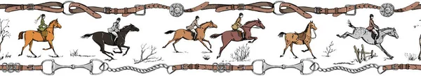 Equestrian Sport Horse Rider English Style Galloping Horsemen Saddle Seamless — Stock Vector