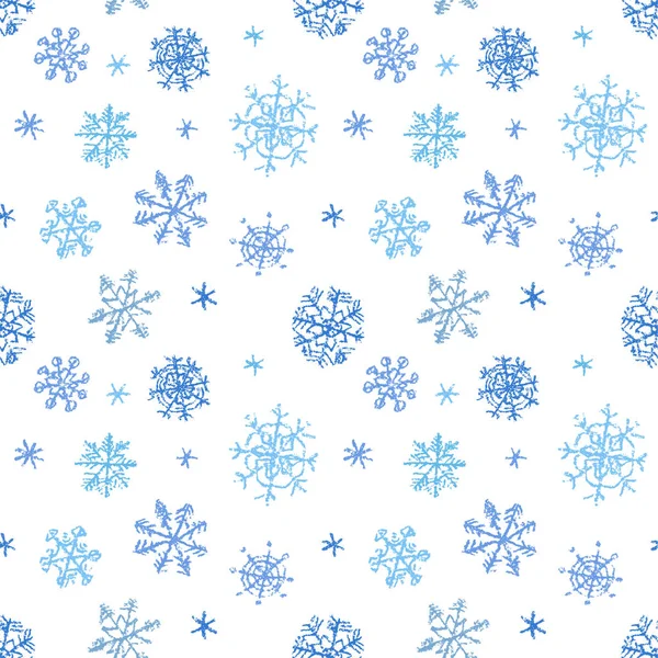 Christmas Snowflake Hand Drawing Blue Seamless Pattern White Child Drawing — Stock Vector