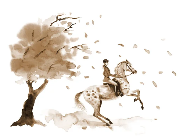 骑马骑手和饲养斑纹灰马 秋天的树随风飘落的树叶 棕褐色白色单色水彩或墨手画艺术 女孩在种马 英格兰马术狩猎风格 — 图库照片