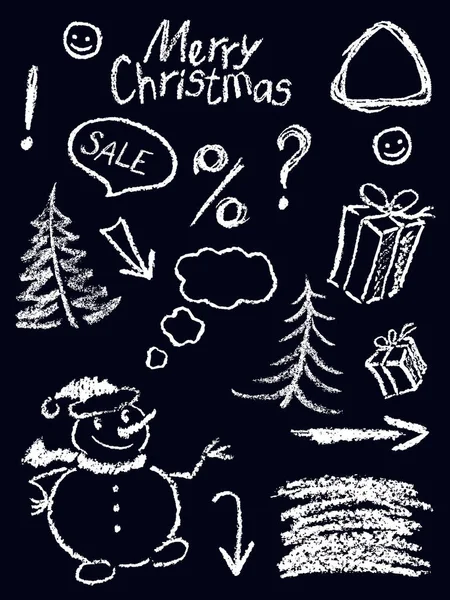 그리기 디자인 요소에 크리스마스 크레용 스케치 스타일 설정합니다 이끌려 눈사람 — 스톡 벡터