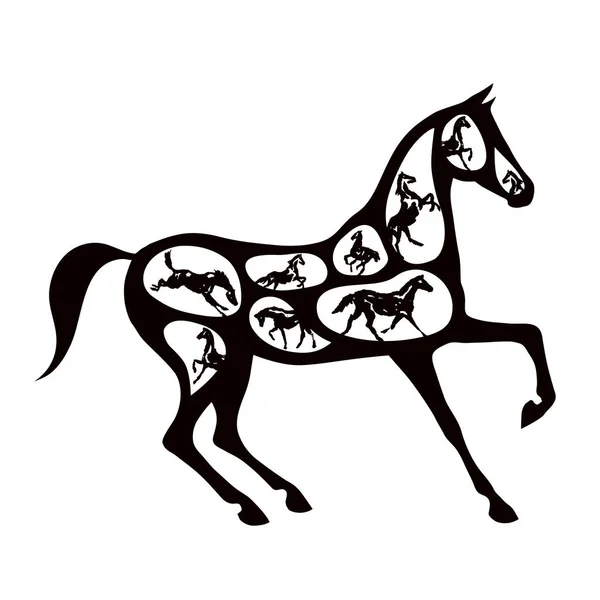Έννοια Μαύρο Άλογο Σιλουέτα Πολλά Άλογα Μέσα Διαφορετικές Πόζες Λευκό — Διανυσματικό Αρχείο