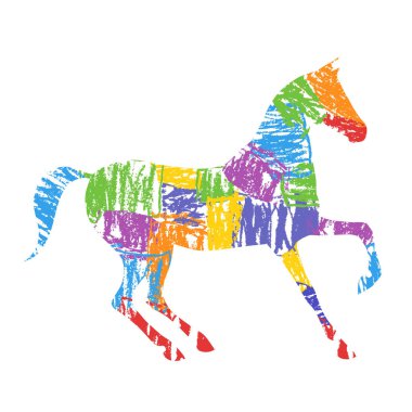 Parlak renkli el çizim grunge sanatsal vuruşları ile at siluet. Vektör sanat mum boya soyut tarzı ile. Atlı spor illüstrasyon.