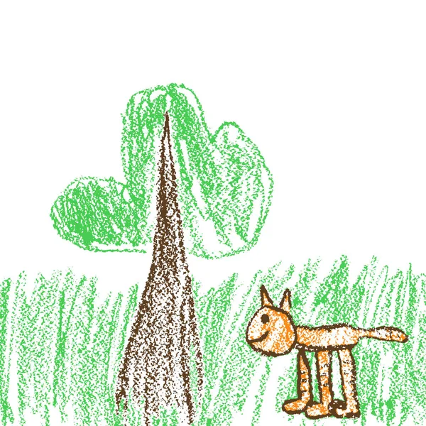 Crayón Divertido Gato Rojo Árbol Hierba Verde Estilo Garabato Dibujado — Vector de stock
