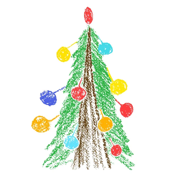 Handzeichnung Weihnachtsbaum Mit Kugeln Wie Kindermalkreide Oder Bleistift Leuchtend Grüne — Stockvektor